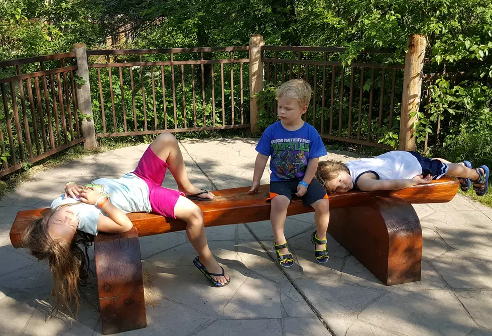 My kids take a break on a bench mounted to a large concrete pad at Roughlock Falls. (Photo by Andy Erickson)